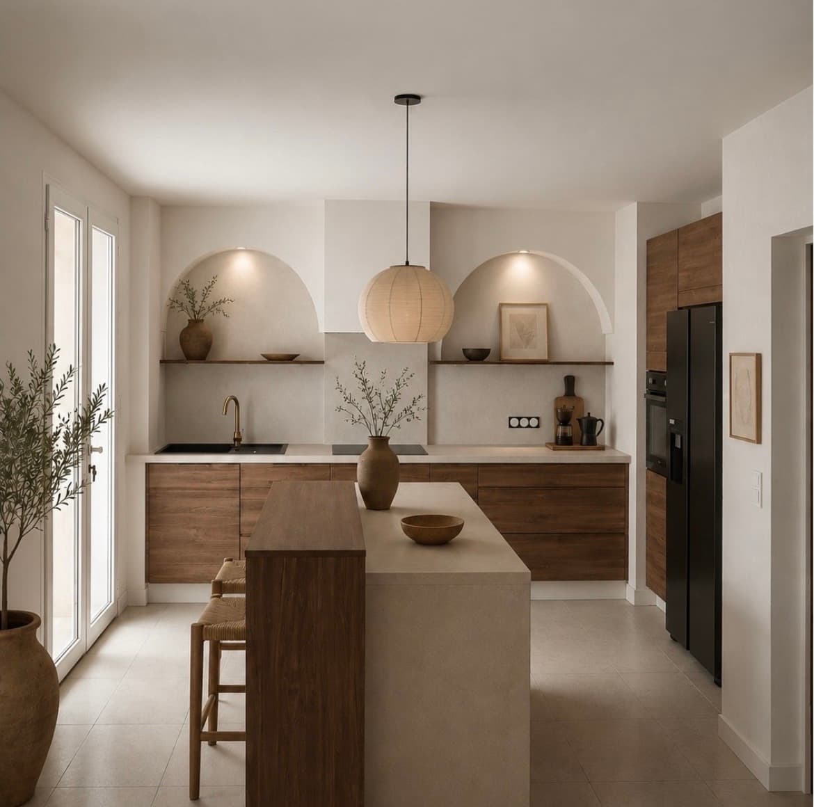 Cuisine minimaliste avec armoires en bois, niches arquées, îlot central et luminaire suspendu en papier.